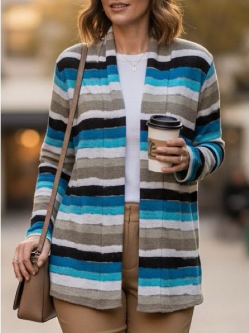 👛(ANY 2/$30) Horizontal Striped Open Front Sweater with attached Tank top